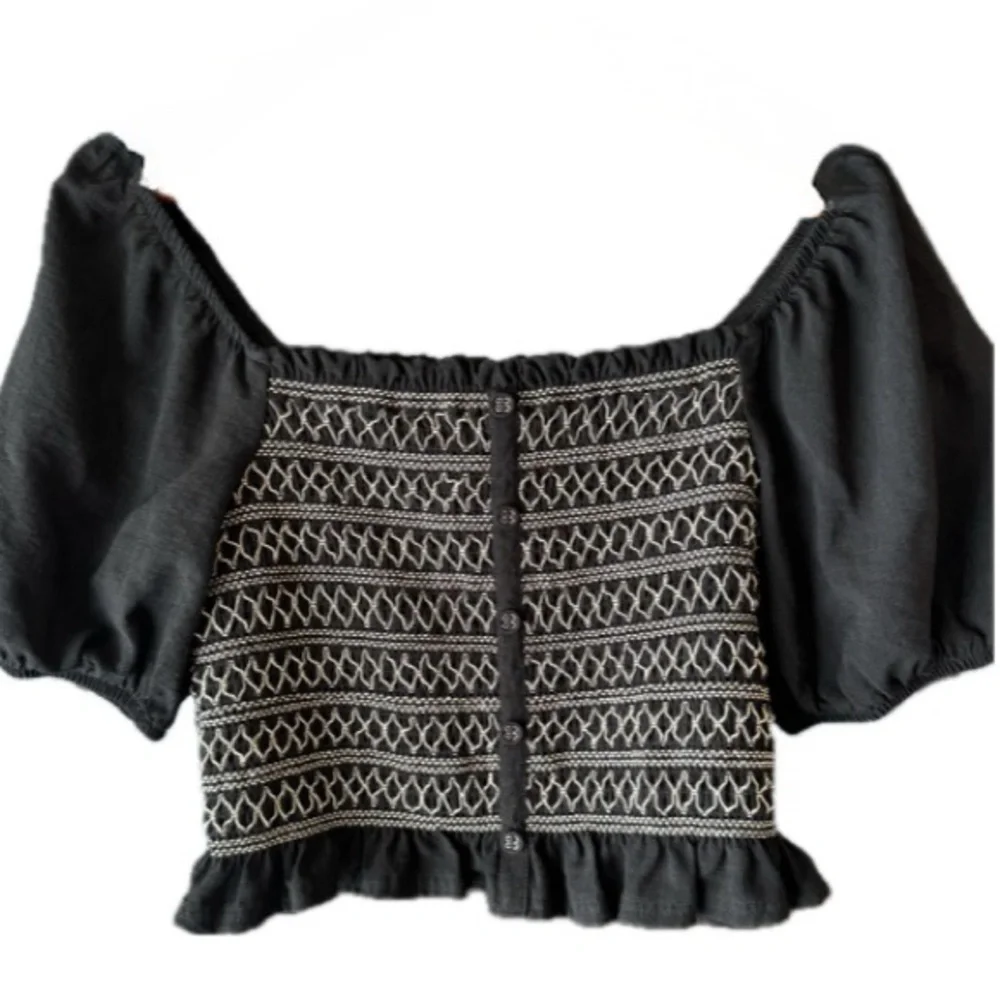 Blue Rain Smocked Puff Sleeve Crop Top Black Boho Cottagecore L - Picture 2 of 6